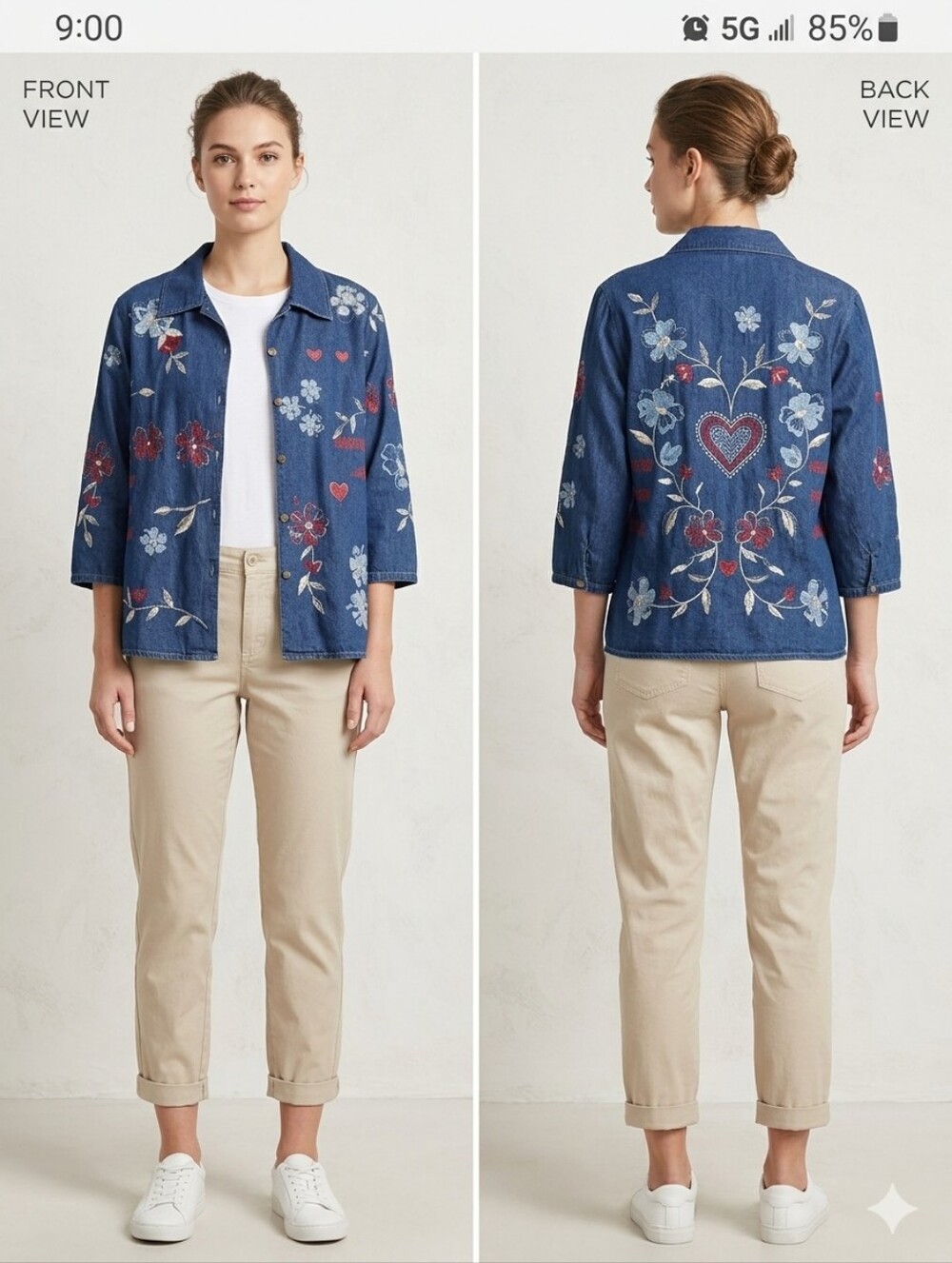 Koret City Blues Denim Button-Front Shirt with Red & Cream Floral Accents XL